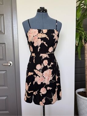 NWT saltwater LUXE Black Floral Spaghetti-Strap Mini Dress with Pink Blooms